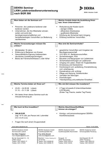 DEKRA Seminar LKW-Ladekranbedienerunterweisung nach BGR 500