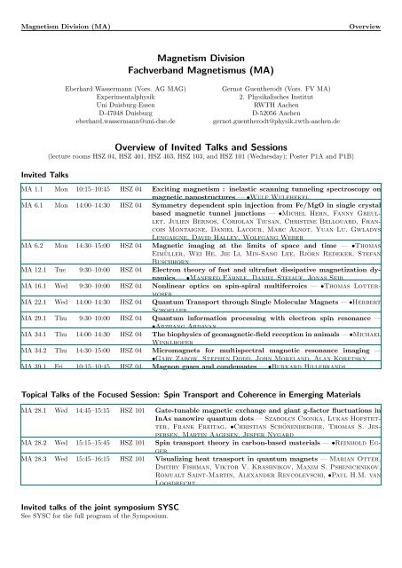 Magnetism Division Fachverband Magnetismus (MA) Overview of ...