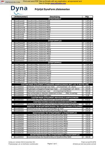 Prijslijst DynaForm zitelementen