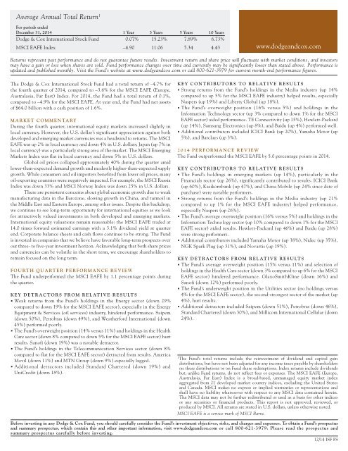 Dodge & Cox International Stock Fund Fact Sheet as of June 30, 2013