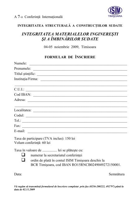 Formular de înregistrare - ISIM Timisoara