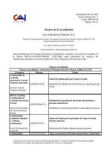 Alcance de la AcreditaciÃ³n Core Laboratories PanamÃ¡, S.A. - CNA