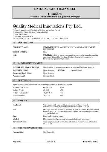 MSDS CLINIDET Ingredients - Briggate Medical Company