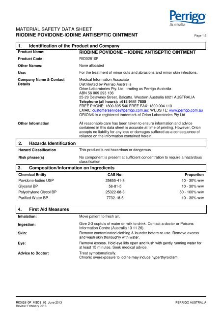 material safety data sheet riodine povidone-iodine antiseptic ointment