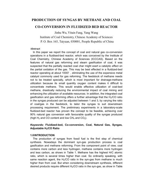 PRODUCTION OF SYNGAS BY METHANE AND COAL CO ...
