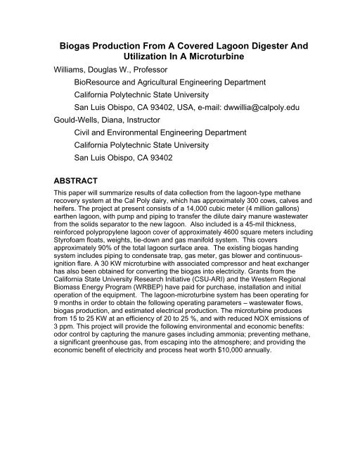 Biogas Production From A Covered Lagoon Digester And Utilization ...