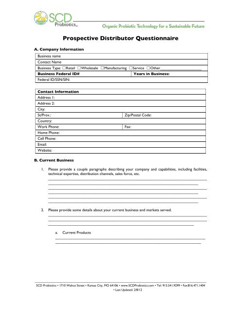 Prospective Distributor Questionnaire - SCD Probiotics