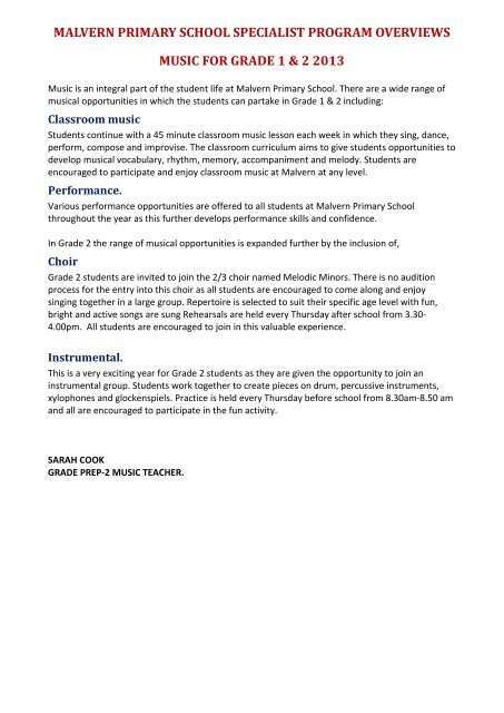 Grade 1 & 2 Program - Malvern Primary School
