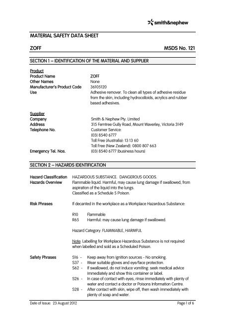 MATERIAL SAFETY DATA SHEET ZOFF MSDS ... - Smith & Nephew