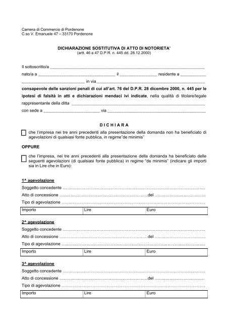 dichiarazione sostitutiva di atto di notorieta - CCIAA di Pordenone