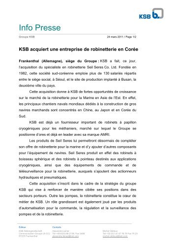KSB acquiert une entreprise de robinetterie en CorÃ©e - Profluid