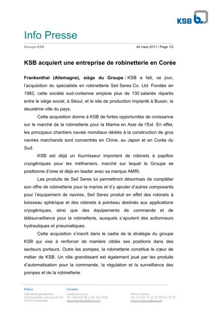 KSB acquiert une entreprise de robinetterie en CorÃ©e - Profluid
