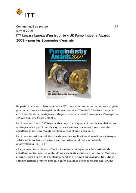 ITT Lowara laurÃ©at d'un trophÃ©e Â« UK Pump Industry ... - PROFLUID