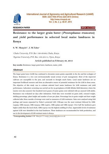Resistance to the larger grain borer (Prostephanus truncatus) and yield performance in selected local maize landraces in Kenya