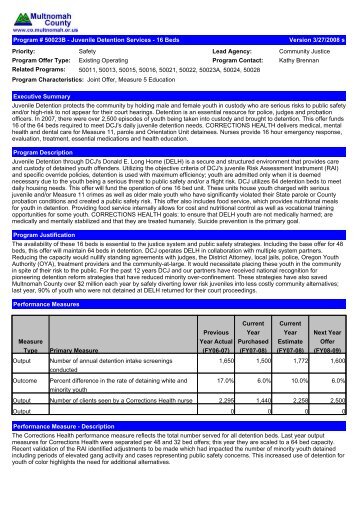 Program # 50023B - Juvenile Detention Services - Multnomah County