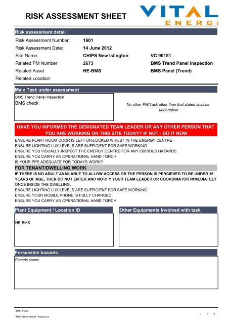 RISK ASSESSMENT SHEET