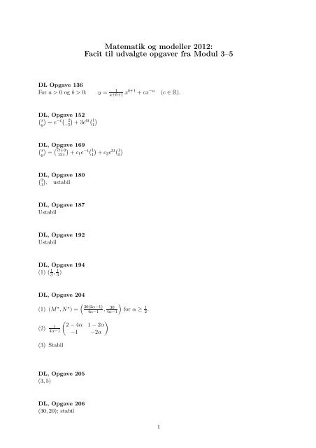Matematik og modeller 2012: Facit til udvalgte opgaver fra Modul 3–5