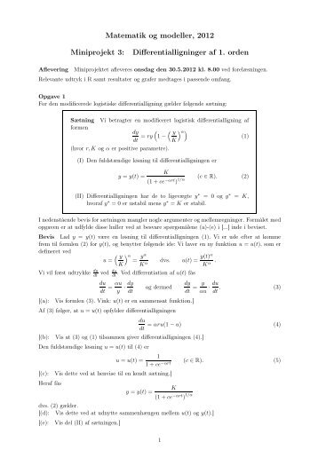 Matematik og modeller, 2012 Miniprojekt 3: Differentialligninger af 1 ...