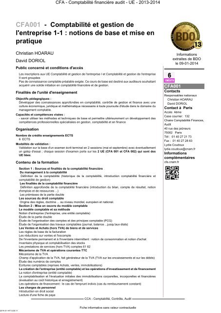 CFA001 - ComptabilitÃ© et gestion de l'entreprise 1-1 ... - Cnam