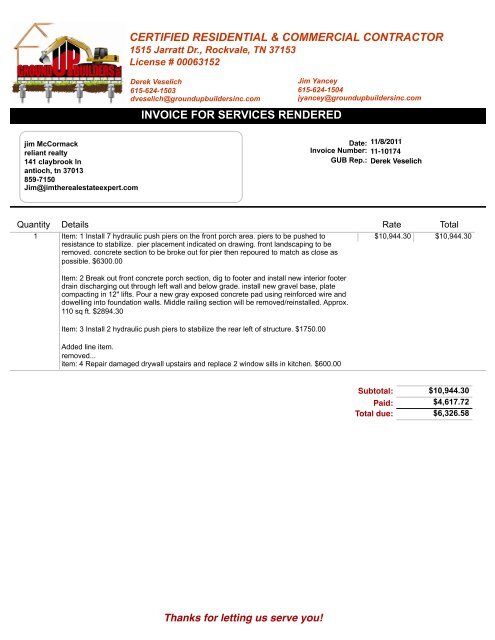 Foundation, Waterproofing and Masonry Repair Invoices 11-8-2011