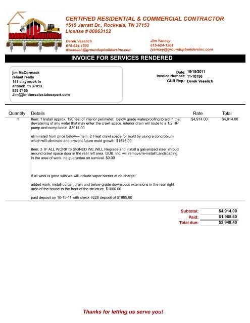 Foundation, Waterproofing and Masonry Repair Invoices 11-8-2011