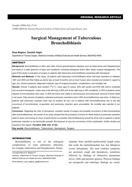 Surgical Management of Tuberculous Broncholithiasis - Tanaffos