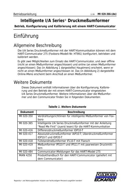 Betriebsanleitung - FOXBORO ECKARDT GmbH
