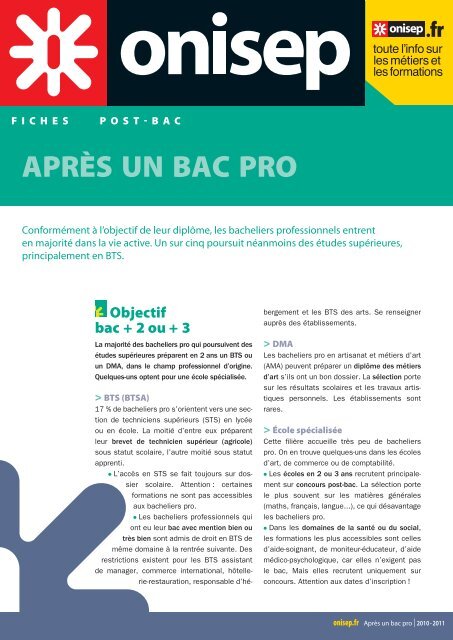 fiche ONISEP : AprÃ¨s un Bac pro - Orientation