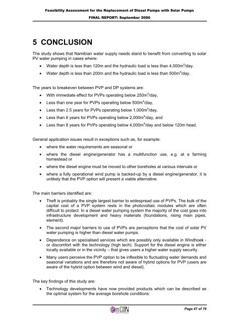 Solar PV water pumping study - FINAL REPORT ... - UNDP, Namibia