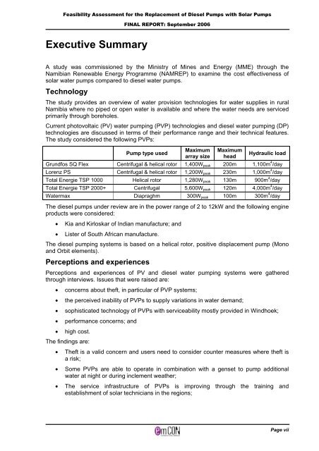 Solar PV water pumping study - FINAL REPORT ... - UNDP, Namibia