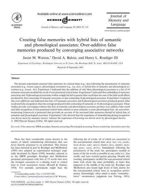Creating false memories with hybrid lists of semantic ... - Psychology