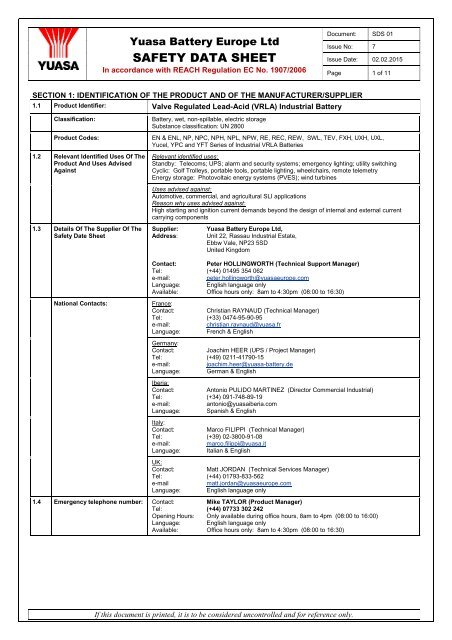 PRODUCT SPECIFICATION - Yuasa