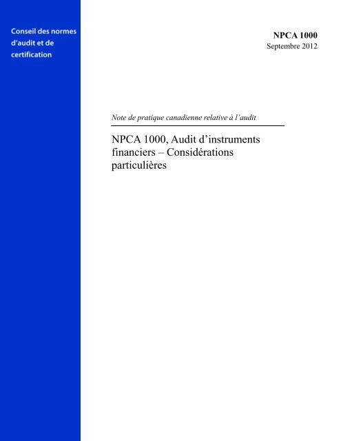 NPCA 1000, Audit d'instruments financiers â ConsidÃ©rations ...