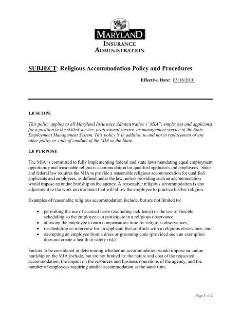 SUBJECT: Religious Accommodation Policy and Procedures - IPMA
