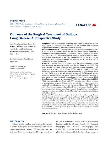 Outcome of the Surgical Treatment of Bullous Lung Disease - Tanaffos