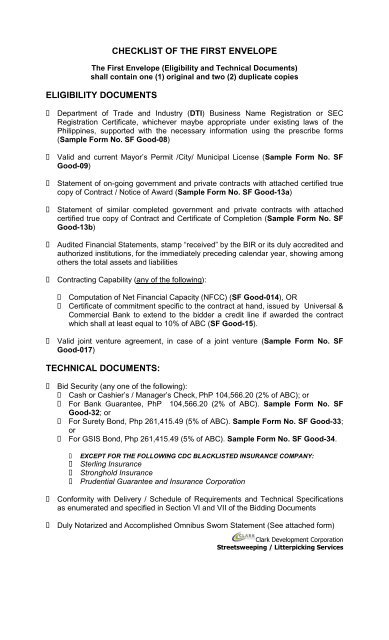 Checklist Of The First Envelope Eligibility Documents Technical