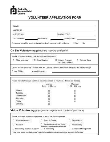 VOLUNTEER APPLICATION FORM - Oakville Parent Child Centre