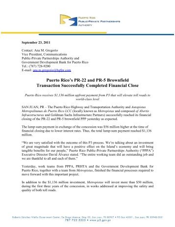 Press Release â PR-22 & PR-5 Financial Closing