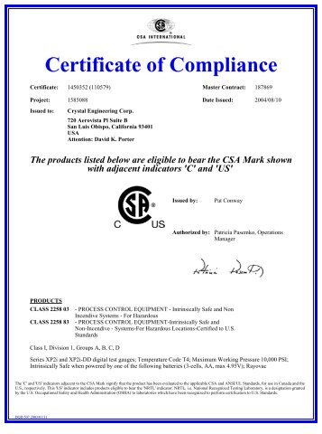 Certificate of Compliance - Crystal Engineering