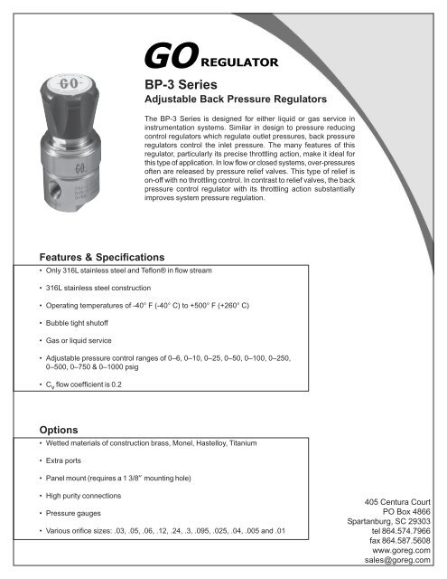 Back Pressure Regulators - Fluid Process Control