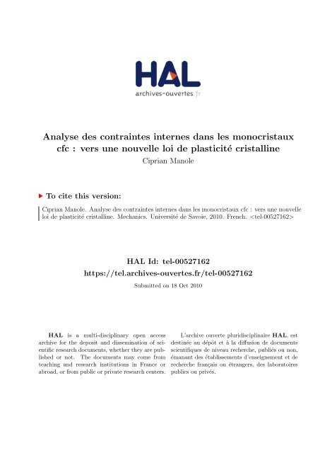 Analyse des contraintes internes dans les monocristaux cfc: vers ...