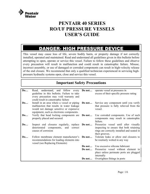pentair 40 series ro/uf pressure vessels user's ... - Pentair Codeline