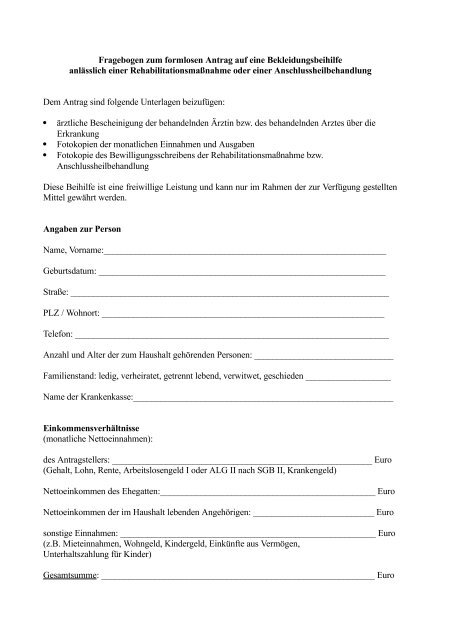 Fragebogen Zum Formlosen Antrag Auf Eine Bekleidungsbeihilfe