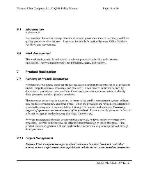 Quality Manual REV 11.pdf - Norman Filter Company