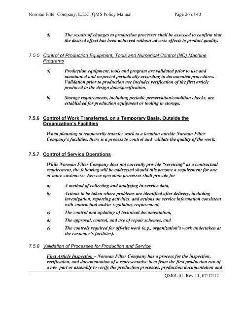 Quality Manual REV 11.pdf - Norman Filter Company