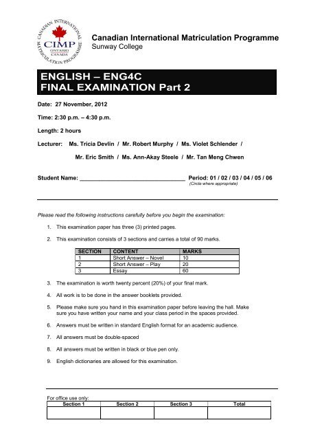 ENGLISH â ENG4C FINAL EXAMINATION Part 2 - Sunway College