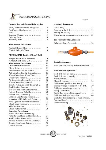 PHQ250JHMAVL Jackleg MK 1 Parts and Repair Manual PDF