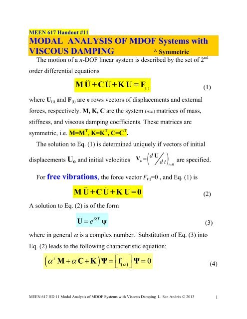 MODAL ANALYSIS OF MDOF Systems with VISCOUS DAMPING