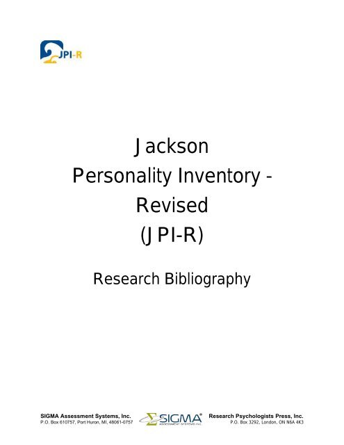 Jackson Personality Inventory – Revised (JPI-R) - Sigma ...