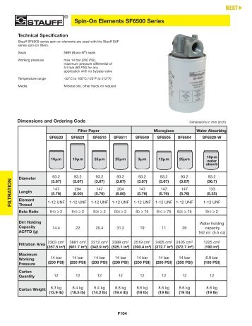 Stauff Hydraulic FiltrationâSpin-On Elements SF6500 Series